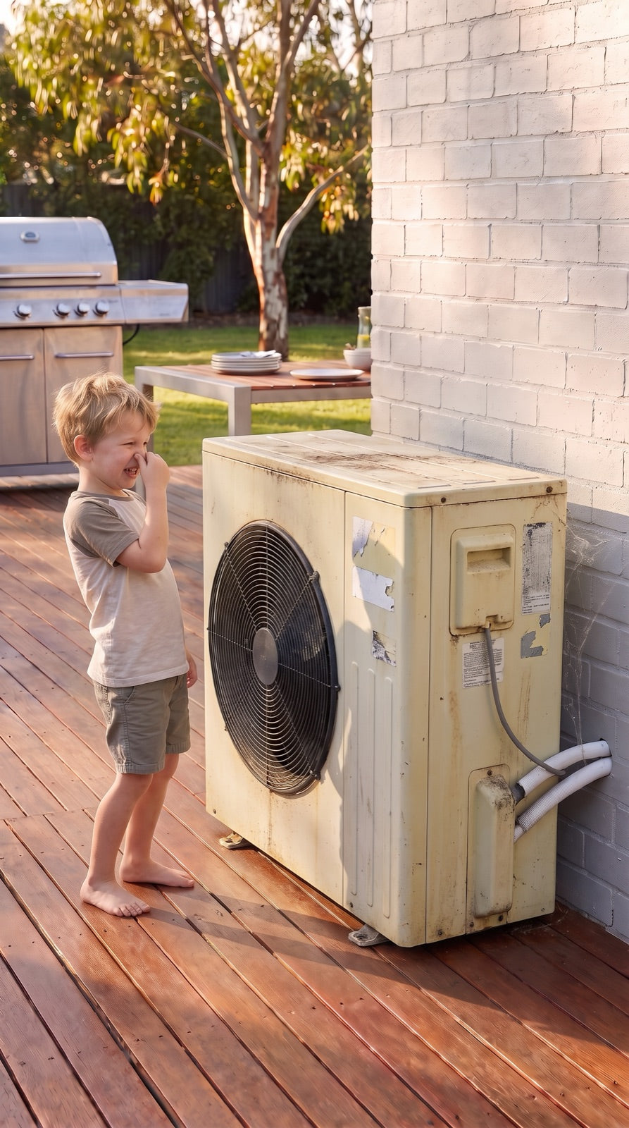 Boy pinching his nose next to a grubby outdoor air conditioner