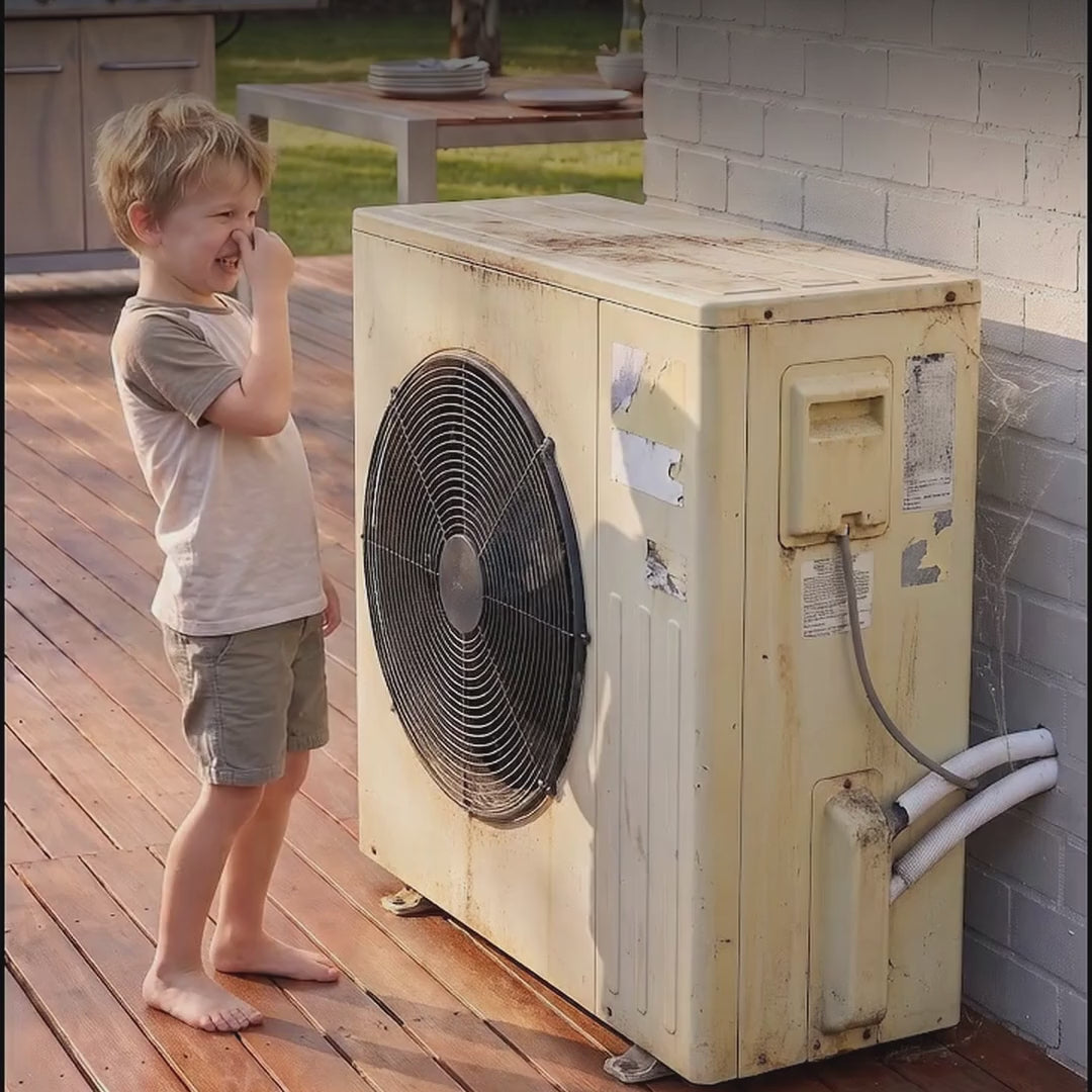 Before and after: a boy salutes the ConBox covering his family's air conditioner